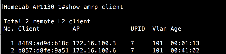Show AMRP Client - AP1130 switch 1 - 2clients