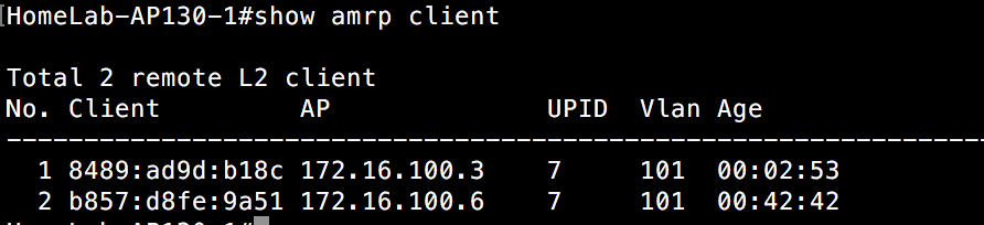 Show AMRP Client - AP130 switch 1 - 2 clients