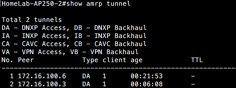 Show AMRP Tunnel - Both clients on AP250